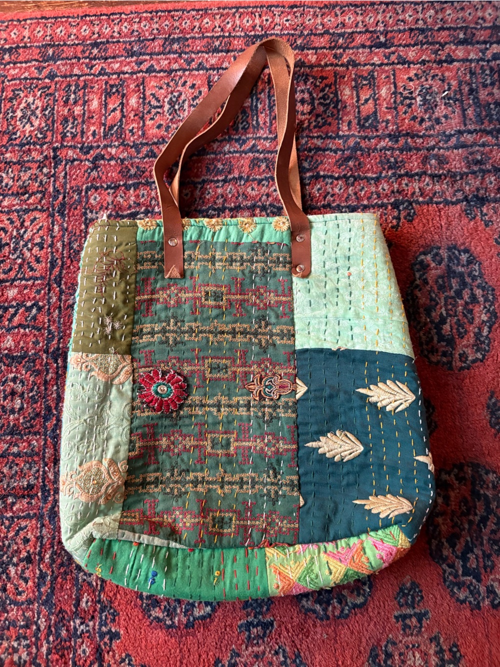 Handcrafted Green Patchwork Tote Bag with Leather Straps. Made in India!